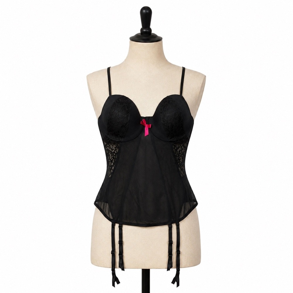 Adore Me Dandi Bustier Corset Top Jet Black Lace Garter Pink Bow 36D Lingerie M
